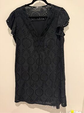 Made in Italy Black Eyelet Embroidered Cotton Tunic Dress M Boho